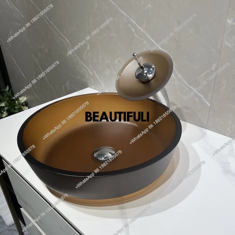 B567 Matte tea color frosted tempered glass washbasin, stylish artistic transparent countertop basin, hotel round washbasin