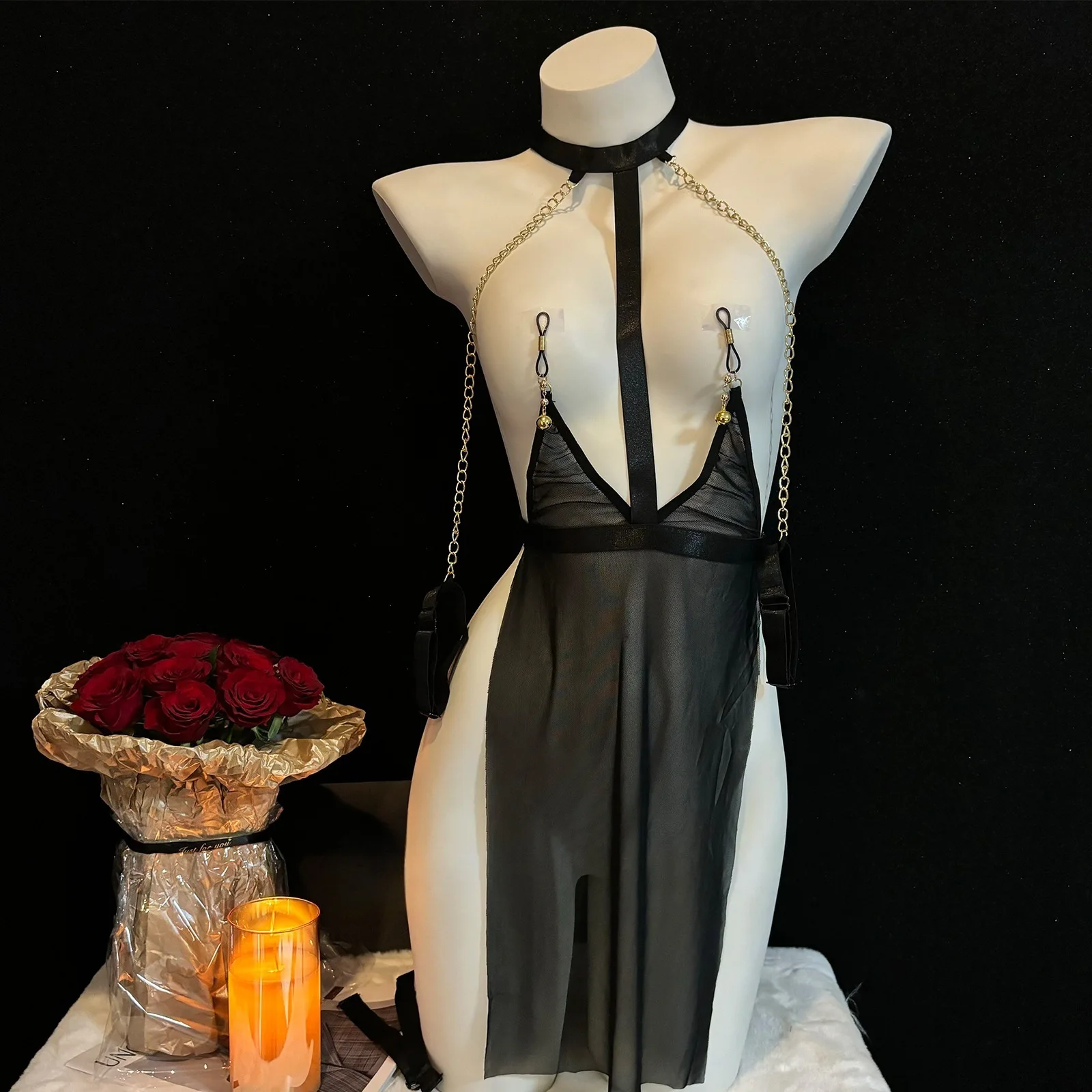 طقم قميص مثير شفاف من الدانتيل مفتوح من الأمام مع حزام سلسلة SM زي إغراء ملابس داخلية نسائية ManYu زي لعب الأدوار #1