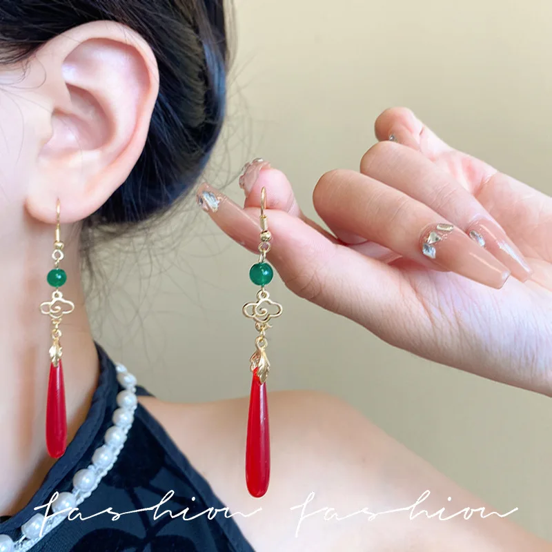 Ethnic Style Auspicious Clouds Earrings for female Ancient style long Delicate tassel Ear Clip Red water drop pendant ear Hook