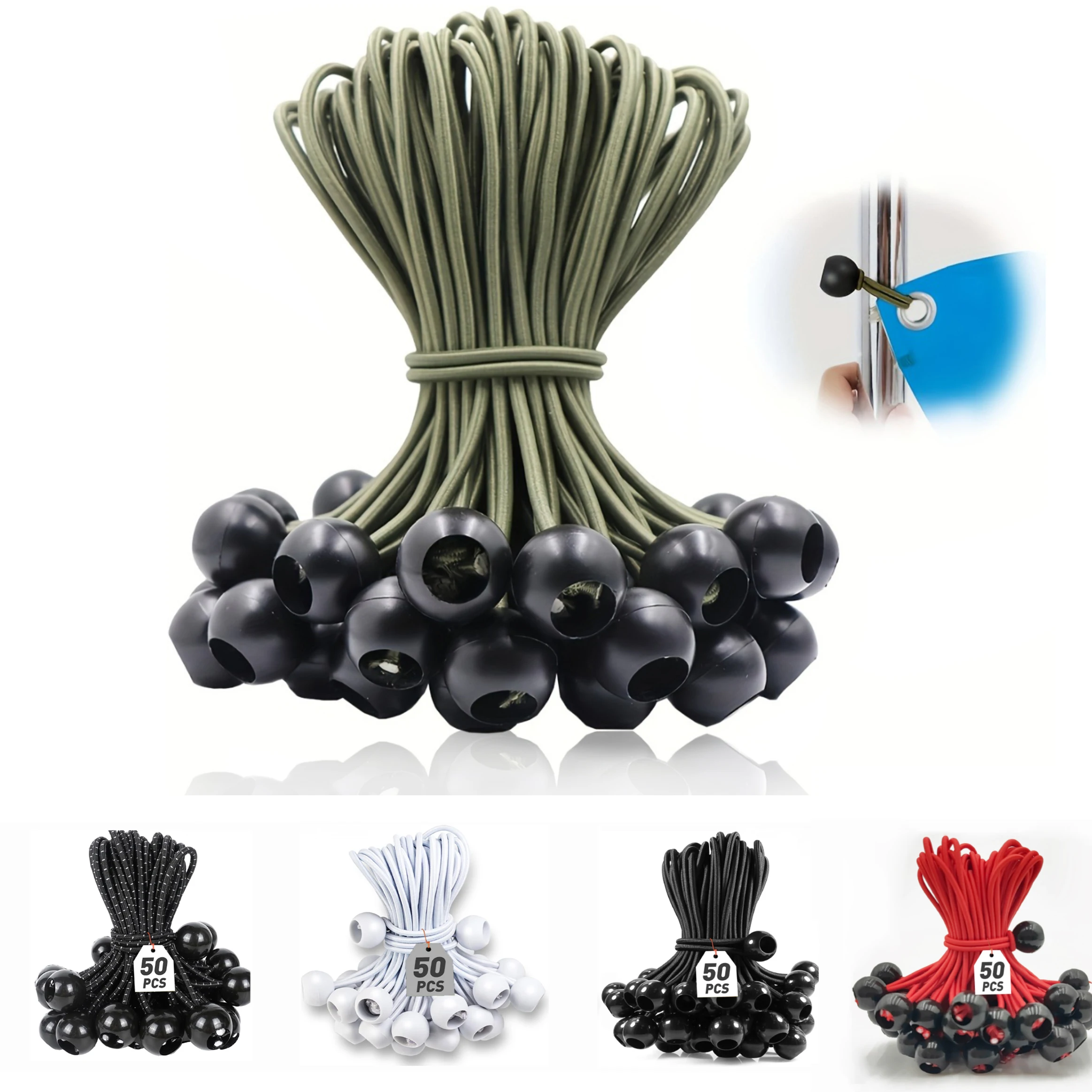 Ball Bungee Cords 4/6/9 Zoll, 50 Stück Tarp Ball Bungee Ties Heavy Duty Canopy Tie Downs für Camping, Zeltstangen mit UV-beständig – Detail 1