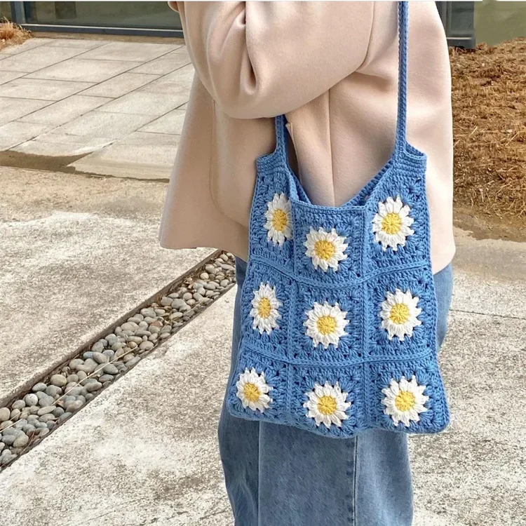 Net Celebrity Everything Simple Shopping Bag Handmade Wool Crochet Chrysanthemum Square Personality Girl's One Shoulder Handbag