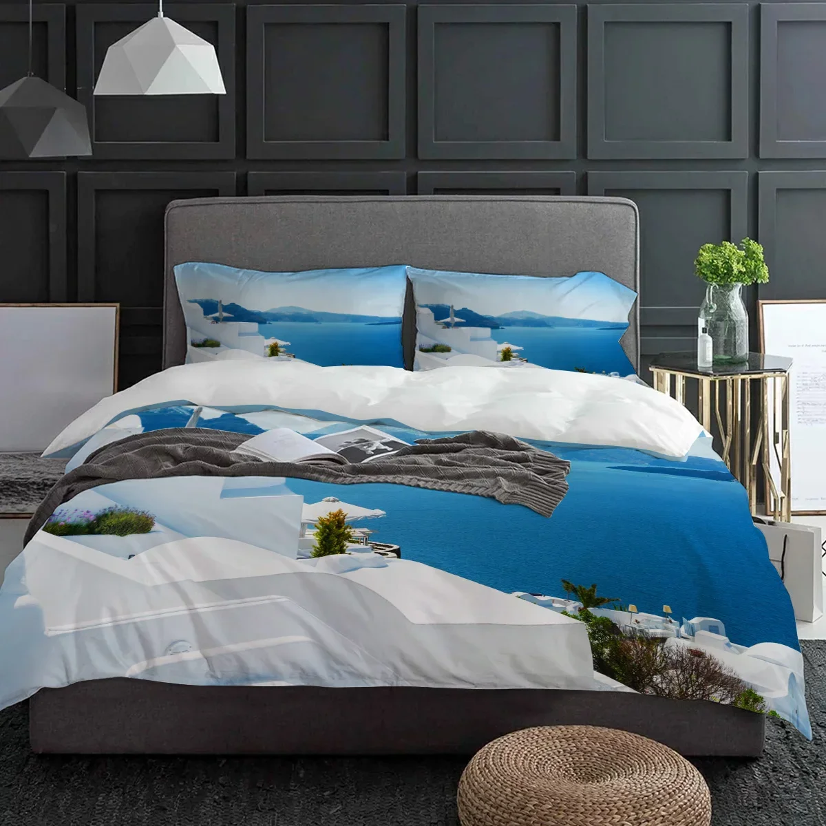 Island White Building Blue Sea Santorini Greece Bedding Set 3pcs Duvet Cover Pillowcase Quilt Cover Double Bed Set Home Textile