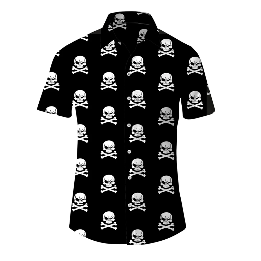 Vintage Men\'s Shirt Hip Hop Skull Print Short Sleeve Oversized Top Tees  Old Casual Hawaiian Men Clothing Lapel Shirt Streetwear