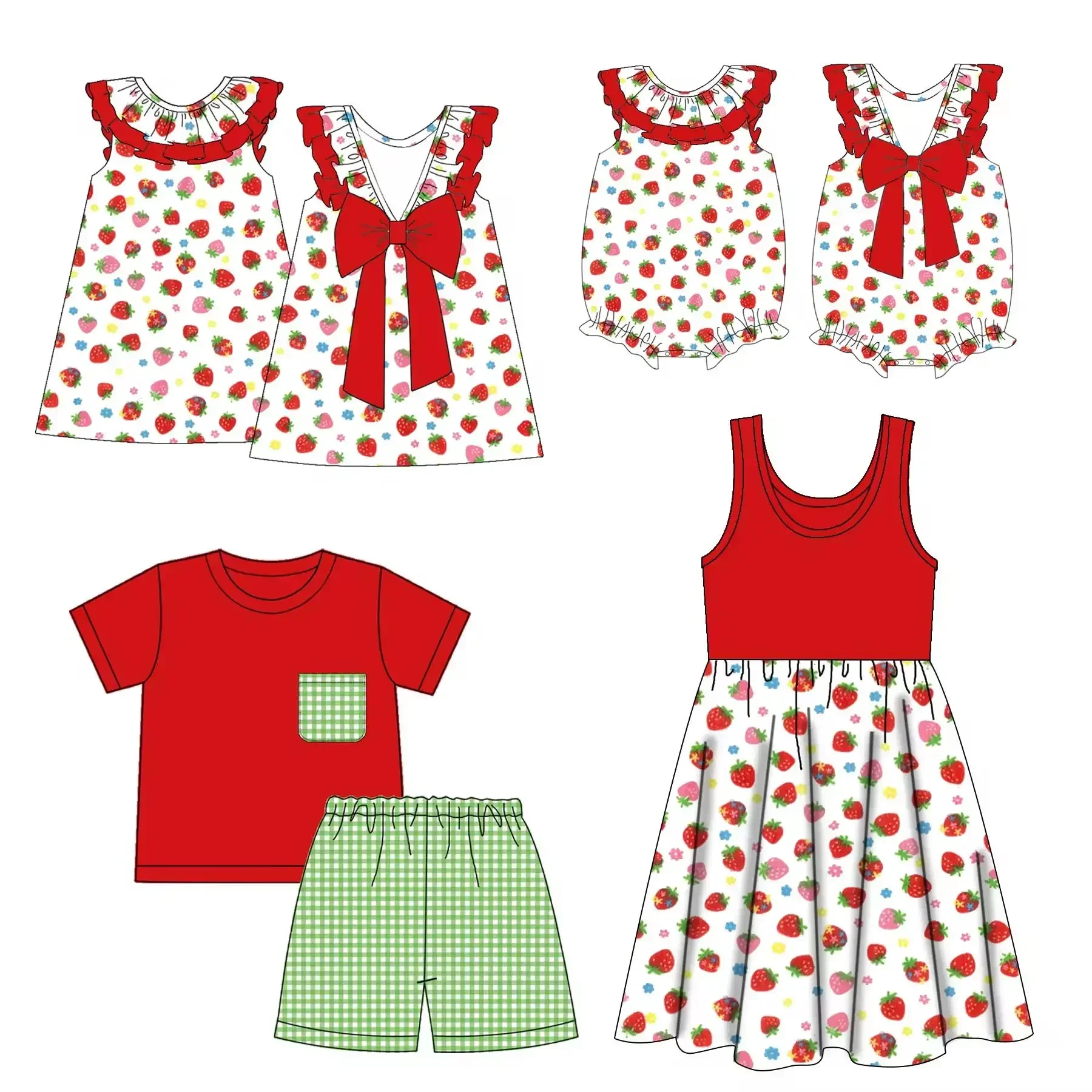 

New summer boutique sleeveless lace back cross bow dress girls and boys plaid shorts set baby romper