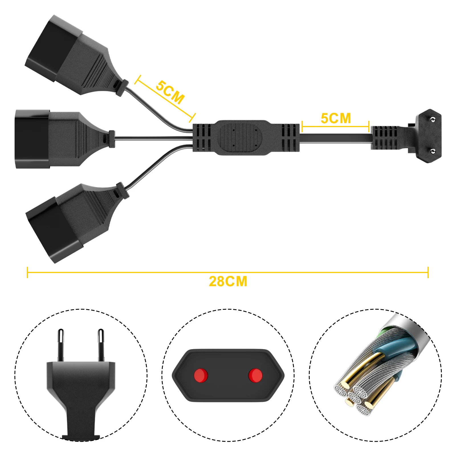 Europea 90 Degree Male Plug To Female Socket Power Extension Cable, 3 Way Outlet 2 Prong EU Flat Plug For PC Computer Outdoor