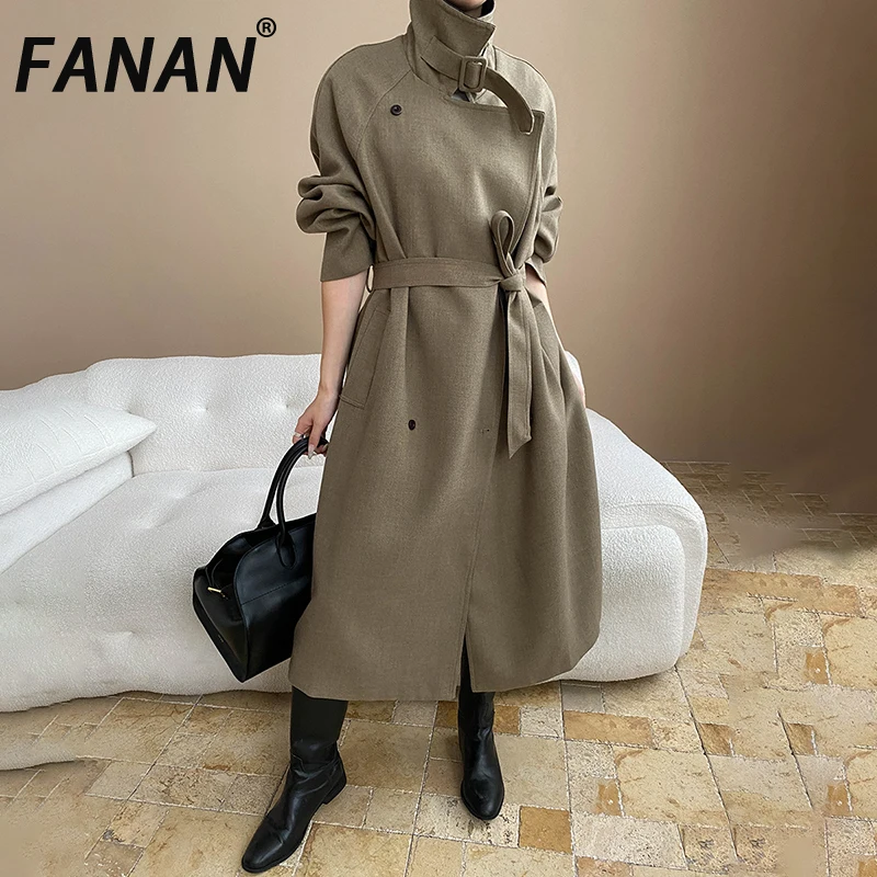 

FANAN элегантный контрастный цветной Тренч для женщин, нерегулярный двубортный пояс, ветровка со сборкой на талии, модная осенняя новинка