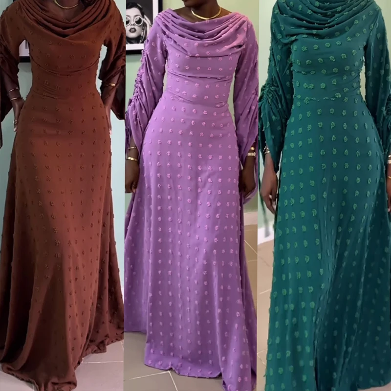 أنيقة الجاكار الصلبة المرأة فستان الحفلات موضة سوينغ طوق تخفيف رداء فستان عادية مطوي كم طويل الرباط فستان طويل