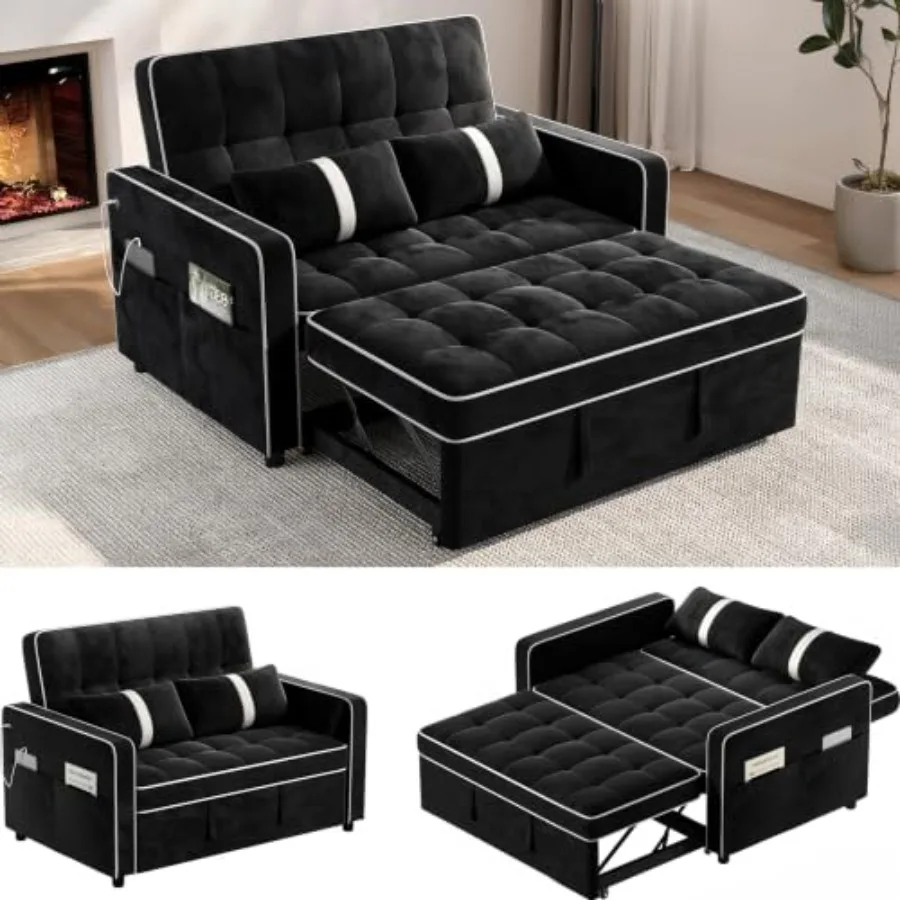 3 in 1 Sofa Bed Convertible Sleeper Sofa with USB Ports for living room, microfiber fabric, gray, easy conversion and built-in