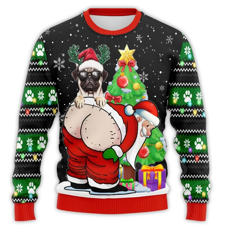 Hund und Weihnachtsmann, hässlicher Weihnachtspullover für Männer, freche Kinder, lustiger Rundhalsausschnitt, Urlaubssweatshirts, lässige Harajuku-Pullover, Tops