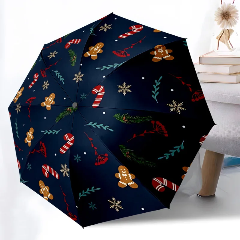 

1pc Festive Christmas Umbrella with Gingerbread & Candy Cane Design - Automatic Open/Close, 8-Rib Windproof, Lightweight & Por