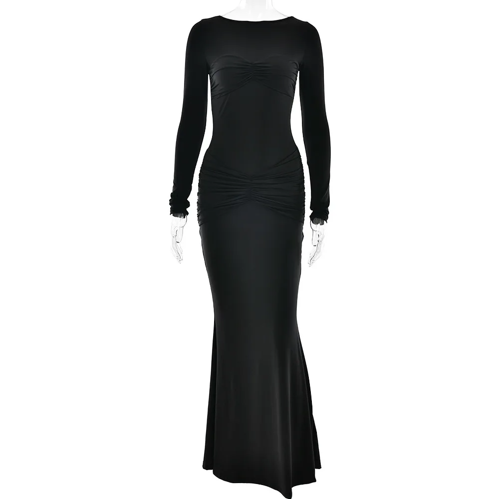 Nowa, modna sukienka bodycon z marszczeniami, seksowna, w jednolitym kolorze, z okrągłym dekoltem, długim rękawem i dopasowanym krojem.