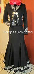 Black Mermaid Mexican  Charro Prom Birthday Dresses with Long Sleeve Jacket Outfit Embroidery Stain Evening Occasion Gown