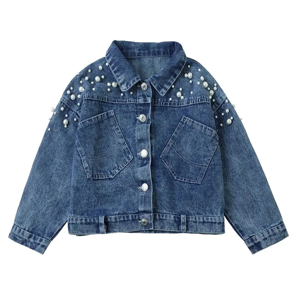 

Children's Denim Jacket with Pearl Casual Girls' Long Sleeve Cowboy Clothing Pockets Single Breasted Coat for 3-14 Years