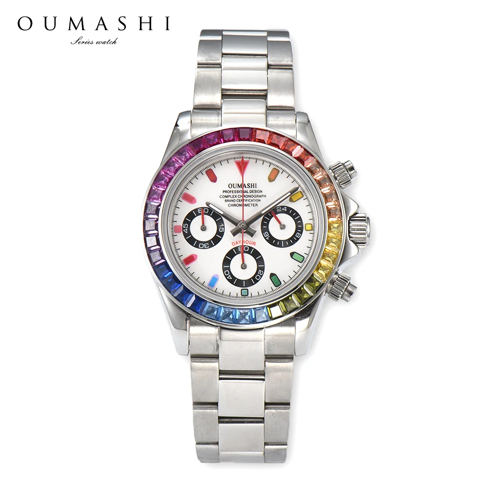 นาฬิกาผู้ชายสแตนเลสนาฬิกาโครโนกราฟลำลองสำหรับผู้ชายกระจกแซฟไฟร์สีหินฝาหน้าควอตซ์นาฬิกา VK63