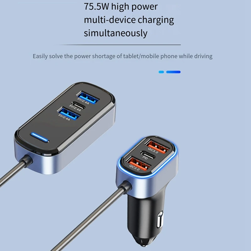 Pengisi daya mobil Mini 75W USB C, pengisi daya mobil USB C logam penuh dengan 6 port warna hitam