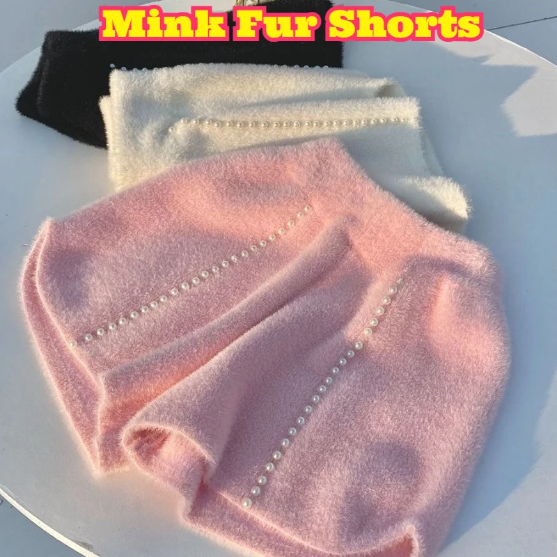 Mink Velvet Beaded Wide Leg Shorts Women High Waist Loose Fleece Lined Stylish Warm Casual Outerwear Autumn Winter Fashion Short