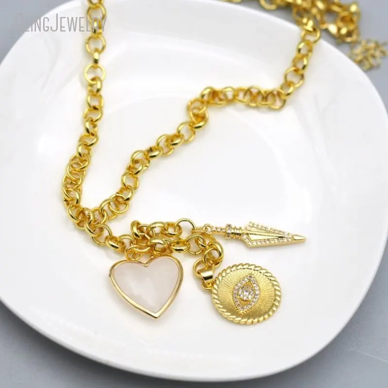 10pcs K Gold Color Stainless Steel Rolo Chain Choker Women Arrowhead Clear Quartz Heart Charm  Evil Eye Necklace Y2k Jewelry