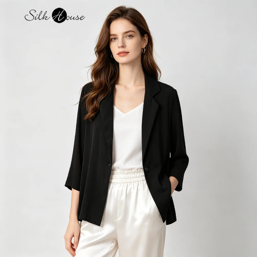 2026 Women's Fashion Spring/Summer Clothing 19MM 93% Natural Mulberry Silk Elastic Double Qiao Solid Three-quarter Sleeve Suit