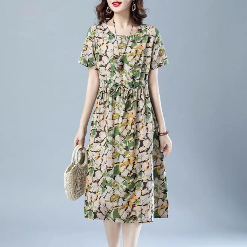 Women's Clothing Vintage Printed Midi Dress Fashion Round Neck A-Line Summer New Shirring Drawstring Casual Short Sleeve Dresses