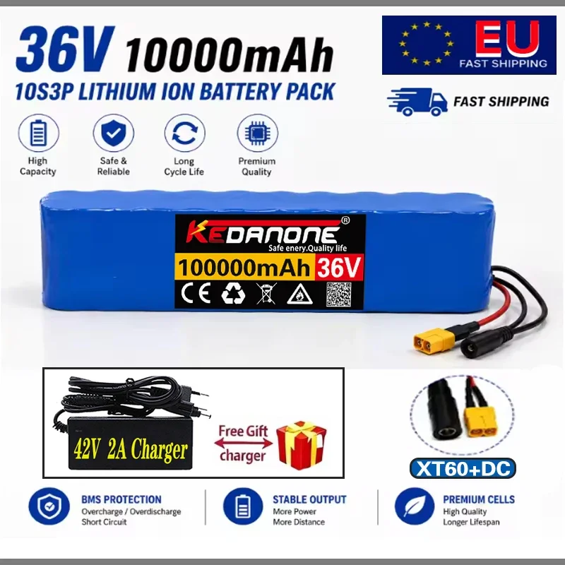 10S3P 36V 100Ah 18650 Lithium-Akku-Pack, wiederaufladbar, XT60-DC-Stecker, 500W, mit integriertem BMS, Ersatzakku für E-Bikes, umgebaute Fahrräder, Elektroroller und Elektrofahrzeuge, Polen-Lager,