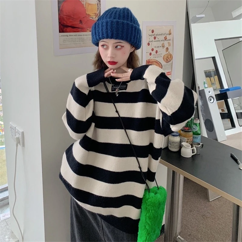 

Gidyq Autumn Women Knitted Sweater Casual Stripe Thick Loose Long Sleeve Tops Korean Female Streetwear All Match Jumper New