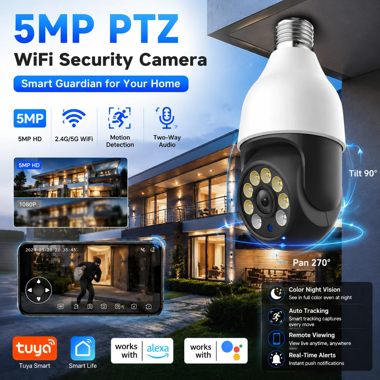 5MP E27 Light Bulb Security Camera 5G WiFi PTZ Camera Color Night Vision Smart Home CCTV Surveillance Tuya Camera
