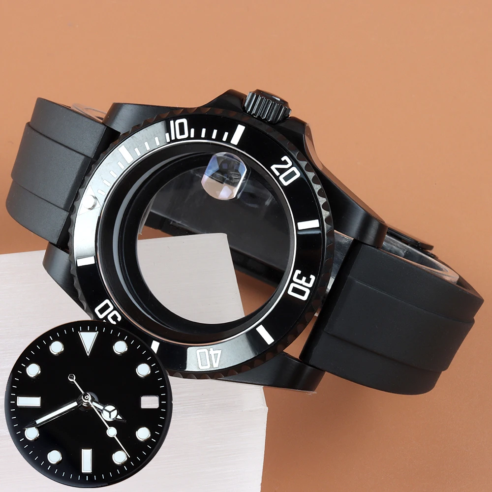 Black NH35 40MM Case 10ATM Waterproof Rubber Strap Fit Sub NH34 NH35 NH36 NH38 Movement 28.5mm Dial and Hands Green Luminous
