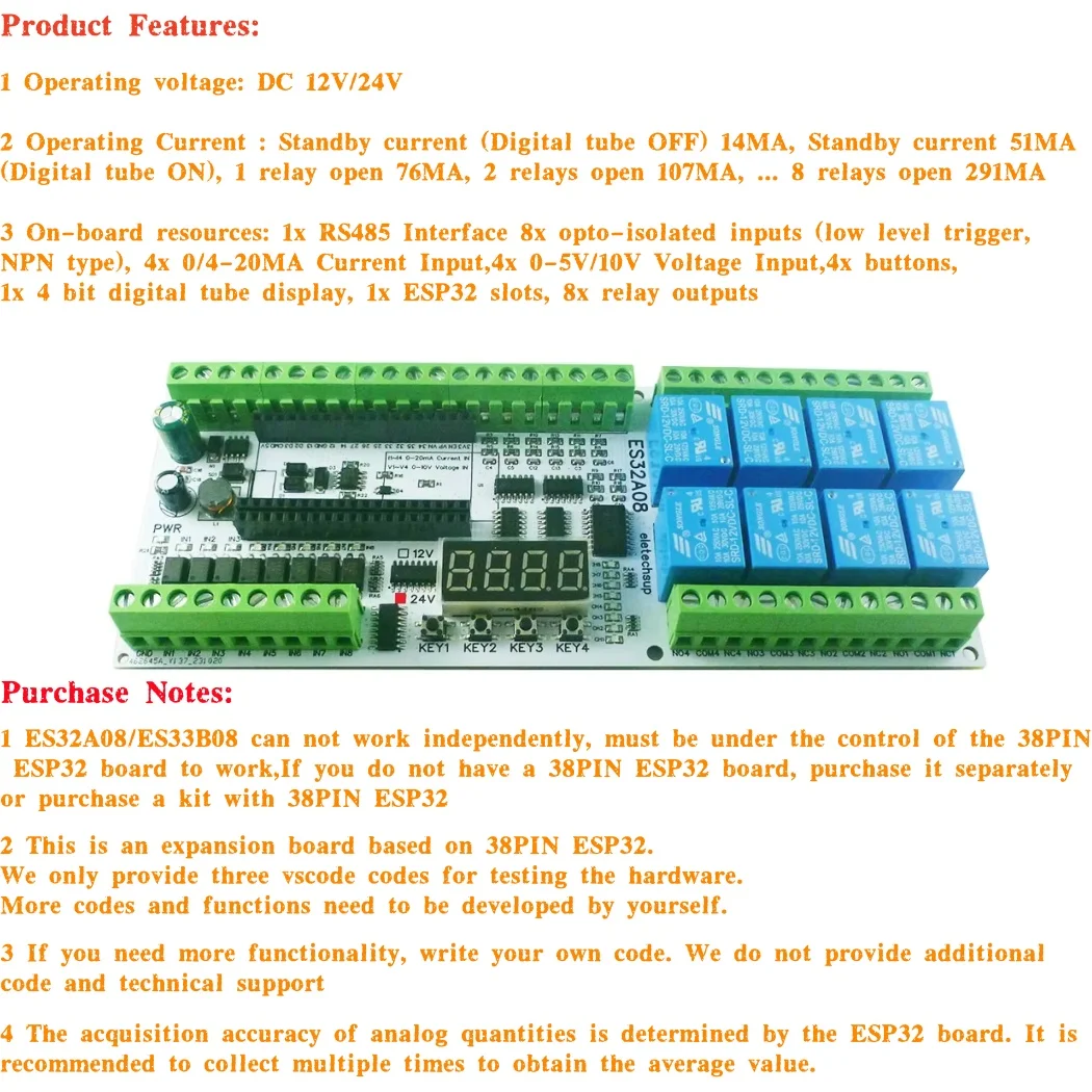 مجموعة تناظرية مفتاح مرحل واي فاي ، لوحة توسعة ، DIY ، ES32A08 ، DC12V ، 24V ، 8AI-8DO ، ESP32 ، RS485 ، 4-20ma ، 0-5V ، 0-10V