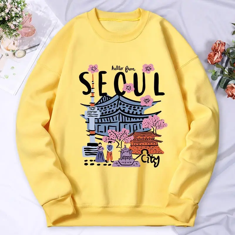 Seoul Beautiful Scenery Printing Womens Hooded Autumn Casual Warm Hoodies Fashion Soft Hoodie Street Versatile Female Pullover