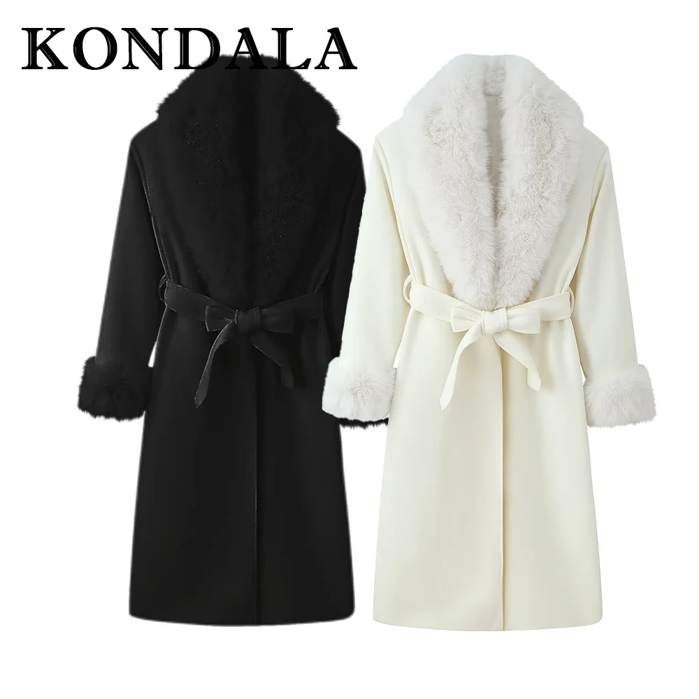 KONDALA Vintage Black Elegant Fur Collar 2025 Winter Women Long Coat Belt Fashion Flurry Sleeve Luxurious Female Chic Outwear