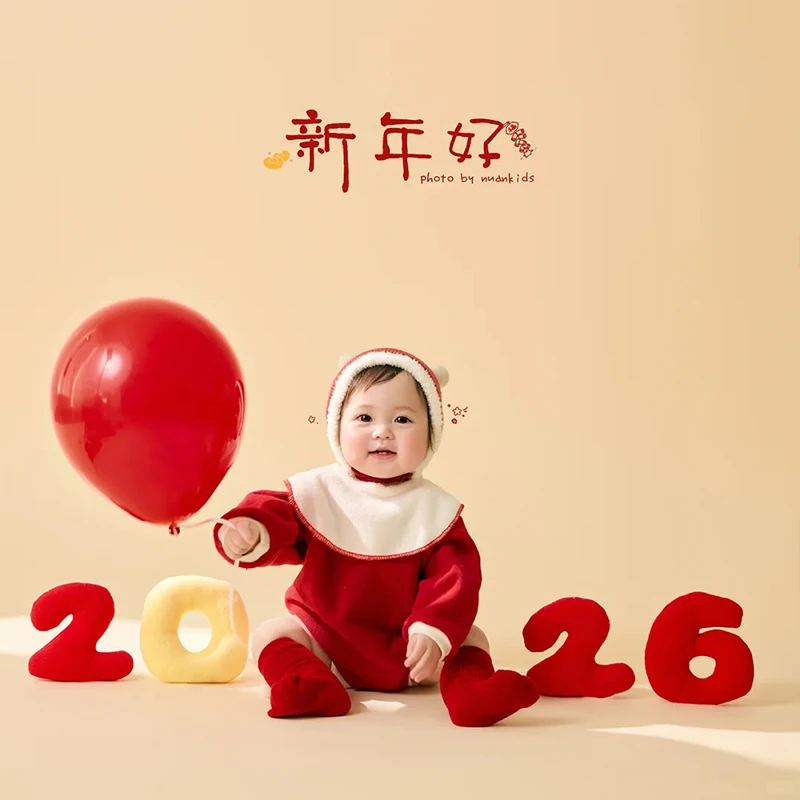 100-Day Baby New Year Theme Outfit Professional Newborn Photography Costumes Red Romper + Beige Bib + Knit Hat + Socks 4pcs/Set