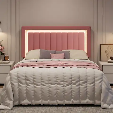 Full Size Velvet Bed Frame with LED Light, Adjustable Tufted Headboard, Strong Wooden Slats Support, Noise-Free