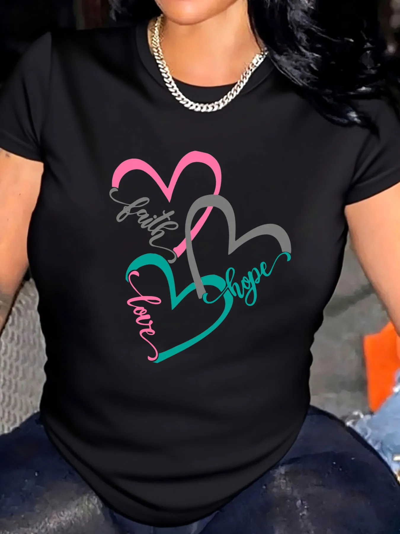 

Женская футболка больших размеров «Вера, любовь, надежда, сердце», принт для активного отдыха