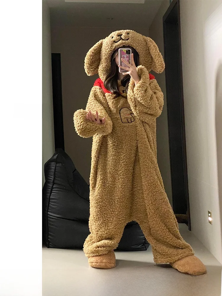 

Cute Dog Coral Fce Spwear Autumn Winter Thiened Warm One-Piece Home Clothes for Women with Hood Long Sve Pants