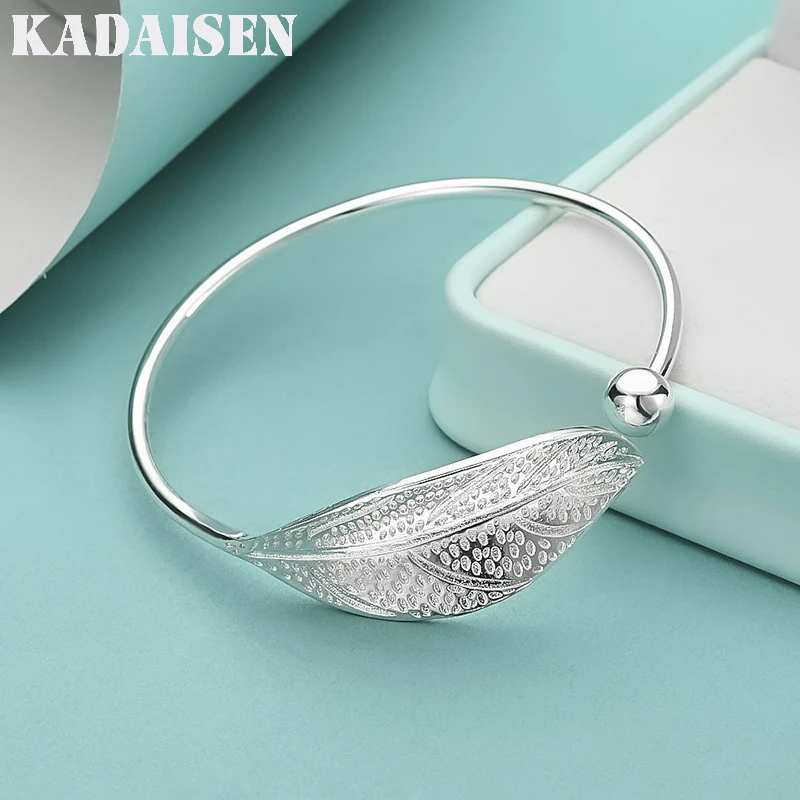 Fashion 925 Sterling Silver Woman Cuff Bracelet Open Leaf Shaped Adjustable Charm Bangle Girls Party Jewelry Christmas Gifts