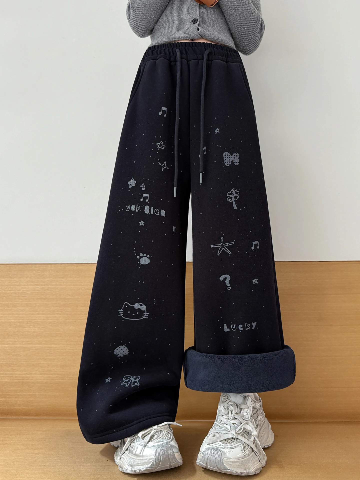 

Утепленные брюки с принтом, широкие брюки для девочек-подростков, осенне-зимняя модная одежда, свободный крой, трендовые.