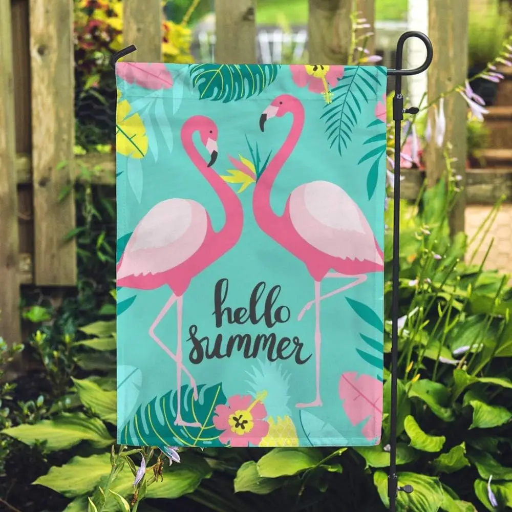 Seasonal Garden Flag Yard Flag ﻿Two Cute Flamingos Hello Summer Vertical Double Sided Design for All Seasons and Holidays Yard O