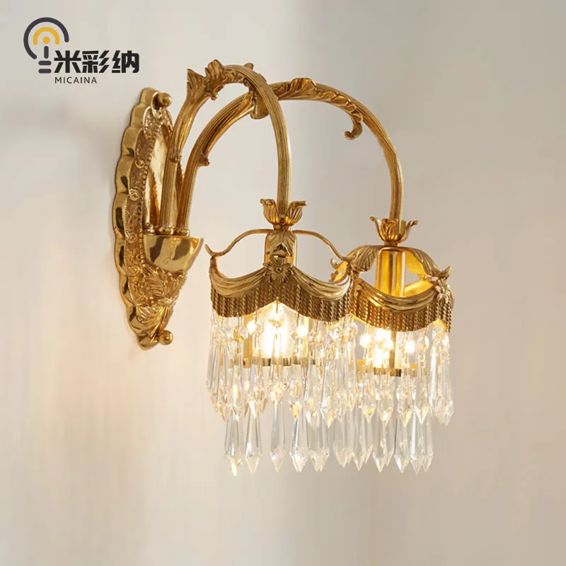 

Double-Headed French Crystal All-Copper Wall Lamp European Retro Luxury Villa Living Room Study Bedroom Lamp