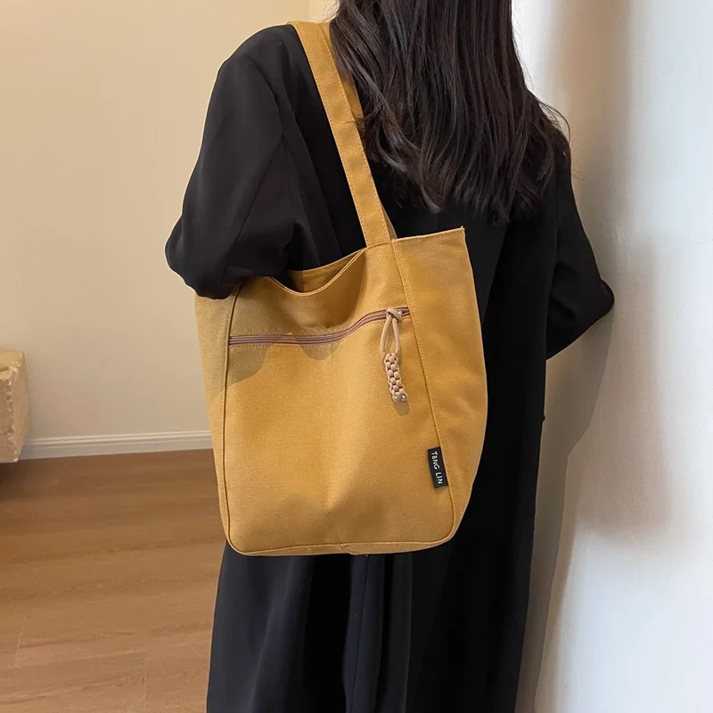 2024 New Solid Color Retro Canvas Shopping Bag Casual and Simple Korean Fashion Texture Tote Bag Student Portable Shoulder Bag