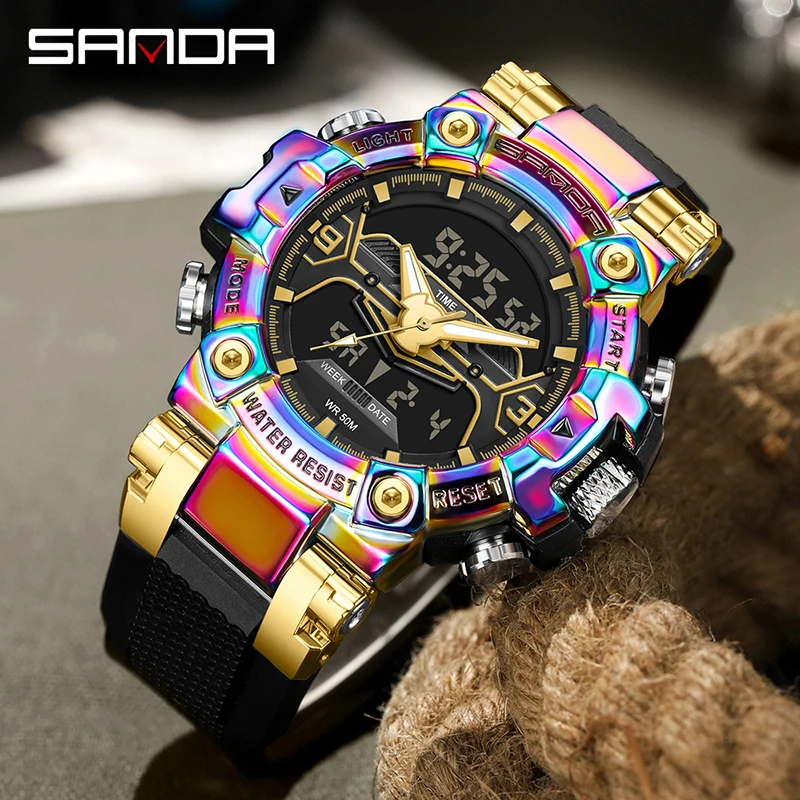 SANDA Top Luxury Sports Watches Mens High Quality Waterproof LED Digital Wristwatches Dual Display Male Big Quartz Clock