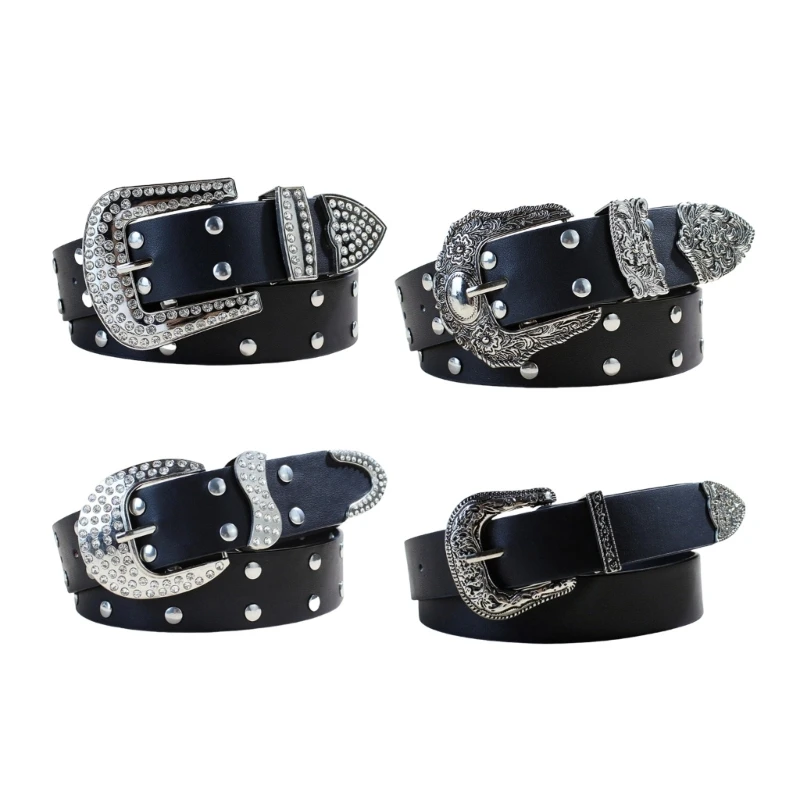 

652F Punk PU Waist Belt for Jean Heavy Duty Hip Hop Belt Waistband Glinting Buckle with Encrusted Rhinestones