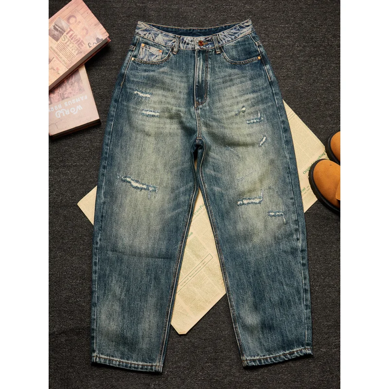 

Mens Retro Washed Distressed Ripped Denim Pants Embroidery Printed Straight Wide Leg High Street Style Trousers