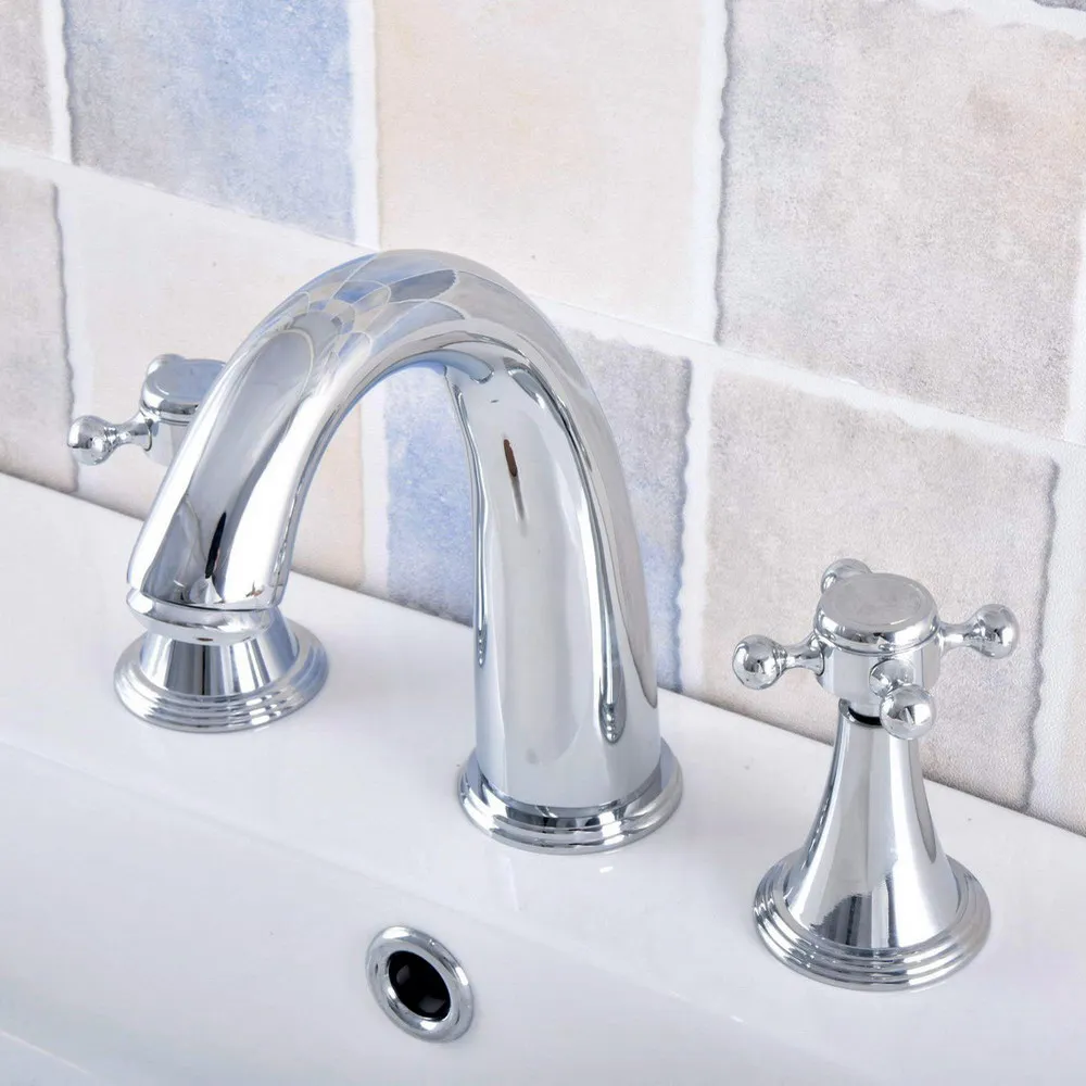 

Polished Chrome Brass Deck Mounted Dual Handles Widespread Bathroom 3 Holes Basin Faucet Mixer Water Taps Lnf548