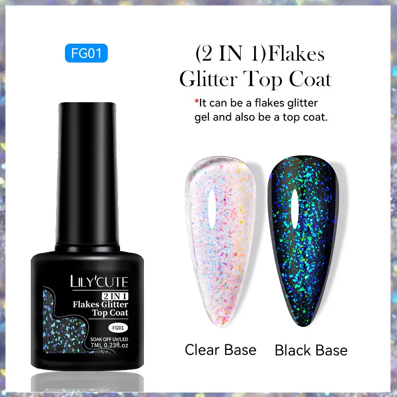 LILYCUTE 7ML 2 IN 1 Sparkly Glitter Top Coat Gold Foil Effect Flakes Gel Nail Polish Soak Off Semi Permanent Varnish Nail Art