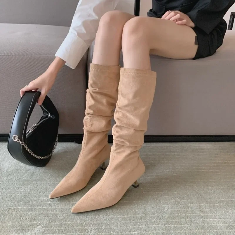 British Style Women Boots Mid Calf Flock New Simple Side Zipper Pointed Office Lady Fringed Boot Stiletto Women Shoes Apricot