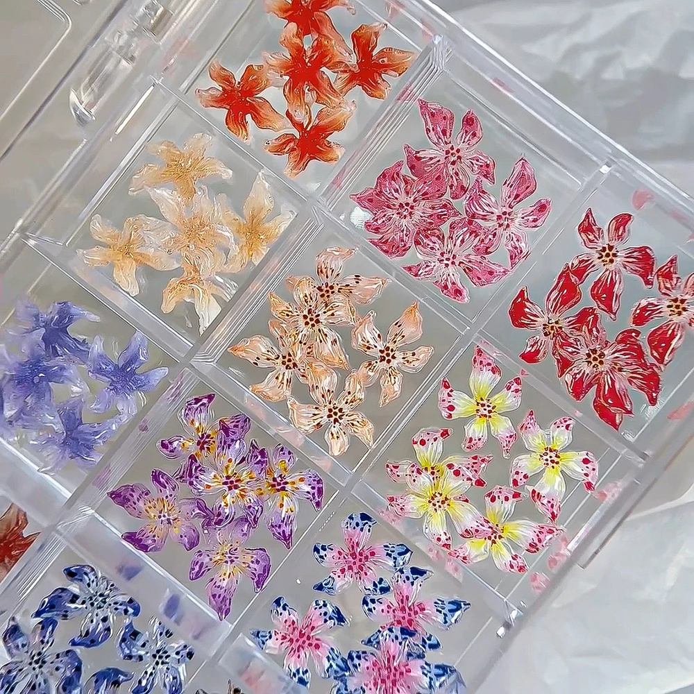 60pcs/Box 3D Ice Crystal Flower Design with Leopard Print Nail Art Charms Lily Flower Nail Art Decor Acrylic Floral DIY Manicure