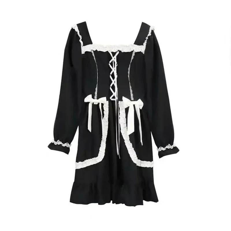 Spring and Autumn Mori Girl Style Dress Women Ruffles Patchwork Square Collar Japan Lace Up Female Black Dress Women Clothing