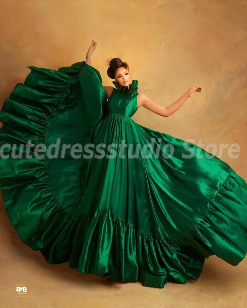 Aso Ebi-Robe de Soirée en Satin Vert Émeraude, Longue, à Volants, Col Haut, de Bal Africain, Quelle que soit la Tenue de Mariage Personnalisée