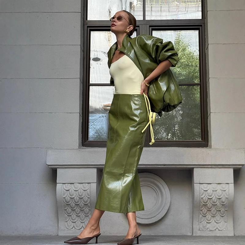 2026 Herbst Neue Mode Europäisch-Amerikanische Damenkleidung Premium-Gefühl Glänzende Lederjacke Mantel Halbrock Zweiteiler-Set