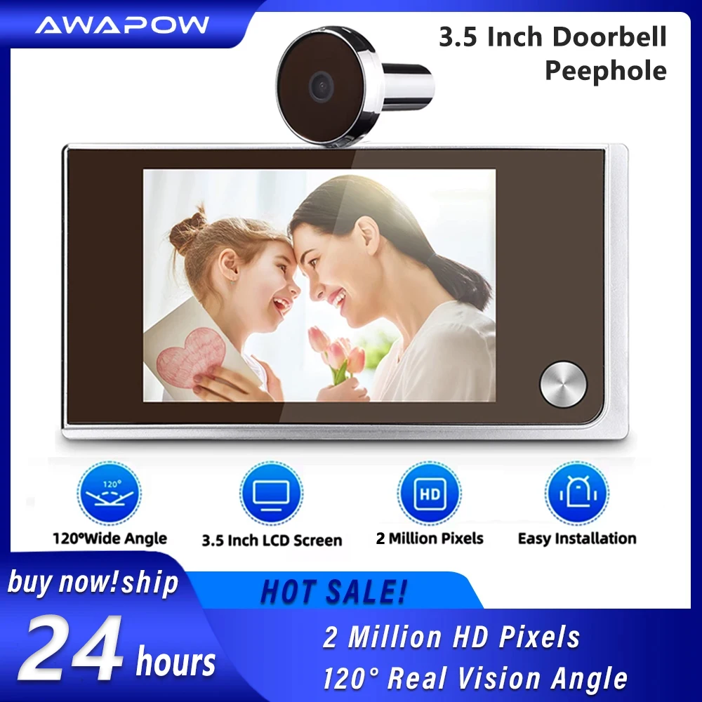 Awapow 3.5 Inch Doorbell Peephole Viewer Digital Door Camera 120° LCD 2 Million HD Pixels Cat Eye Door Bell Outdoor Monitor